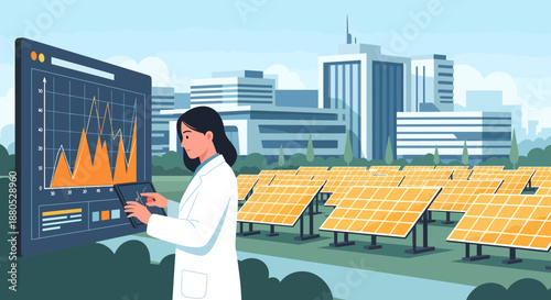 Woman in lab coat analyzing data.