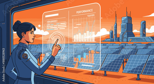 Woman interacting with futuristic interface.