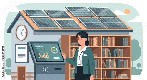 Woman interacting with solar panel display.