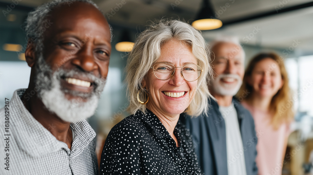 Fototapeta premium Four elderly friends stand closely together, showcasing their joy and diversity in a lively setting Generative AI