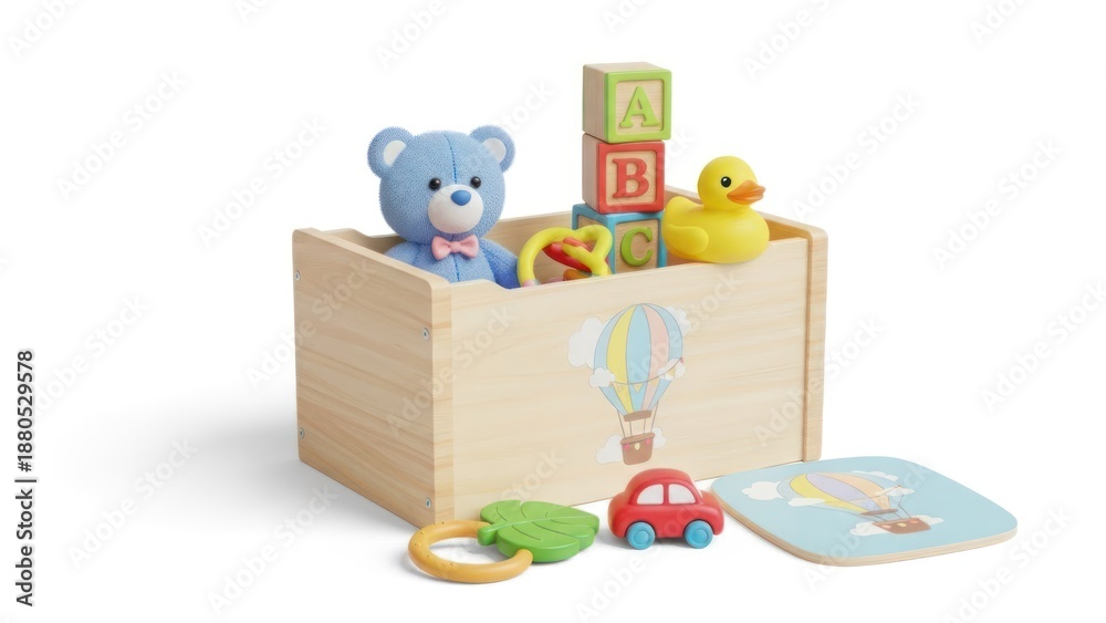 Fototapeta premium A collection of children's toys and objects in a wooden box, with a colorful background featuring a hot air balloon and a teddy bear.