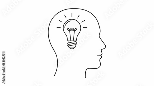 Human head silhouette with glowing light bulb representing an idea.