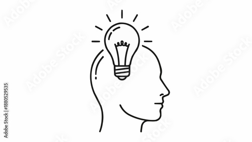 Light bulb idea inside human head silhouette outline drawing.