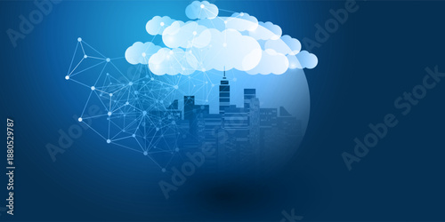 Dark Blue and White Smart City, Cloud Computing Design Concept with Transparent Globe and Cityscape, Tall Buildings, Skyscrapers Inside - Digital Polygonal Network Connections, Technology Background