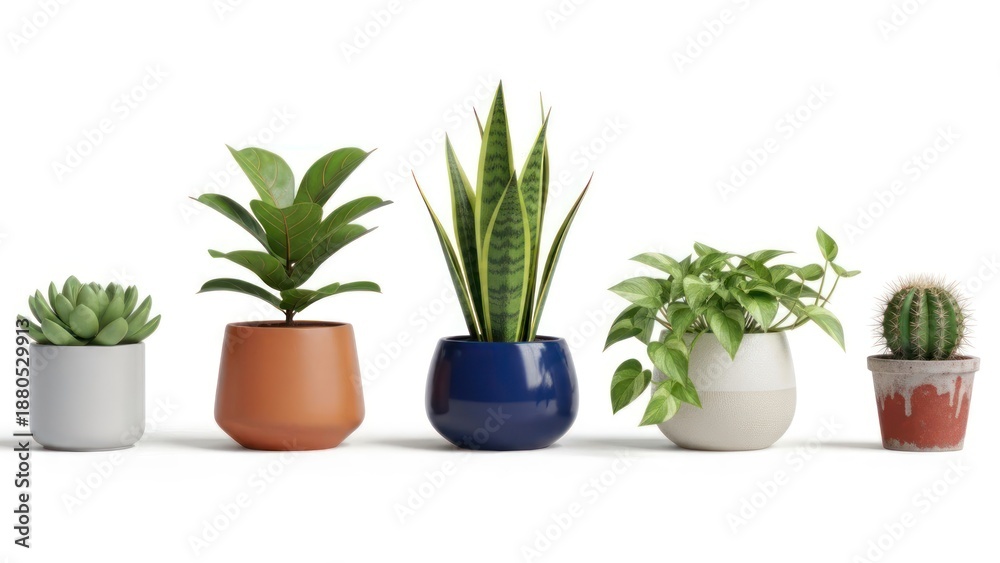 Fototapeta premium A collection of potted plants arranged in a row, each in a different colored pot, against a white background.