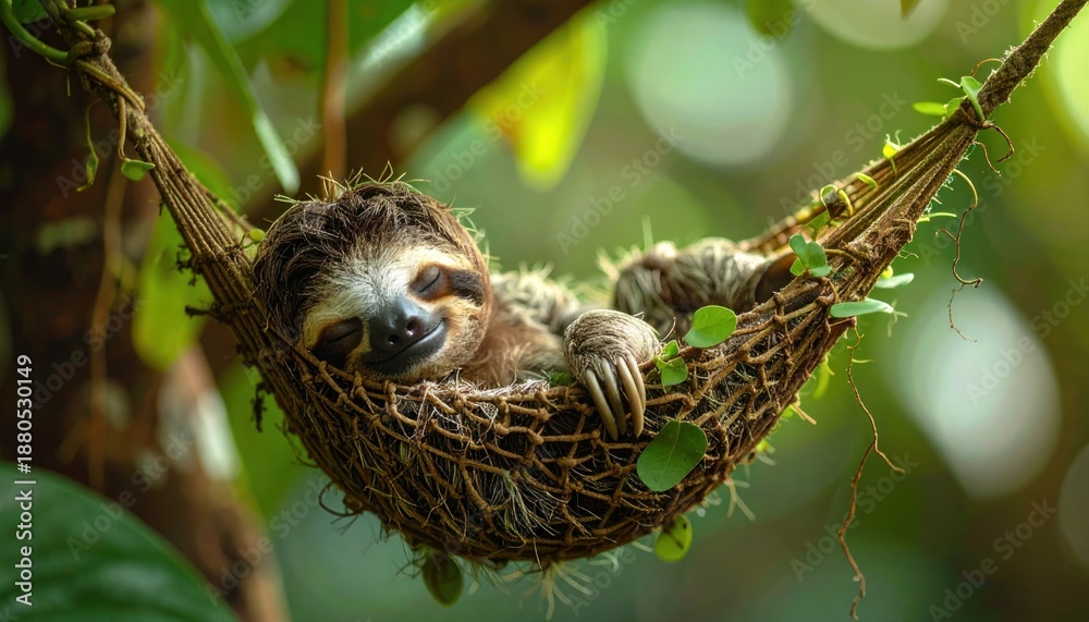 Fototapeta premium A Relaxing Sloth in a Hammock Surrounded by Lush Greenery.