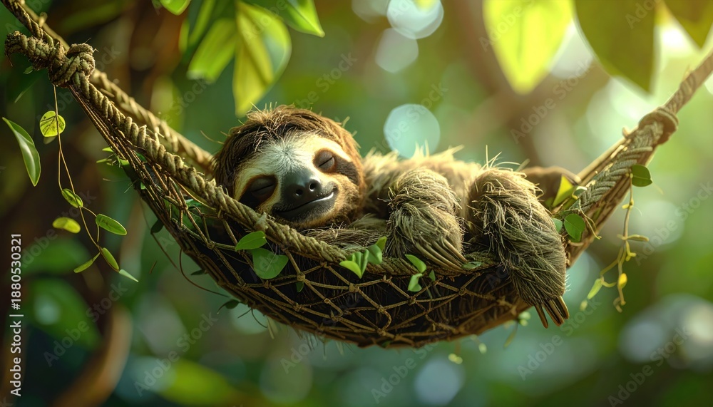 Naklejka premium A serene sloth enjoys a peaceful nap in a hammock.