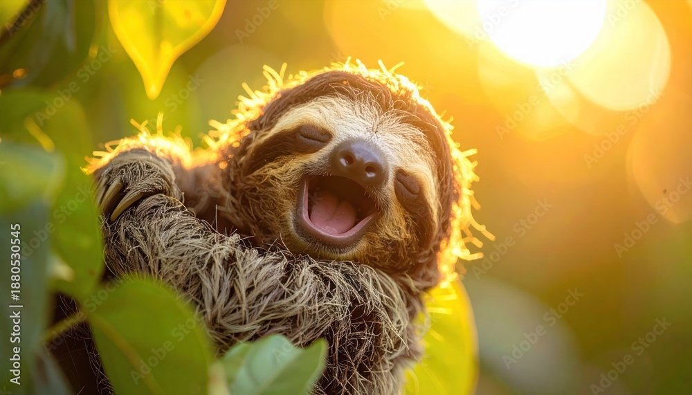 Fototapeta premium A Smiling Sloth in the Sunlight - A Moment of Joy in Nature.