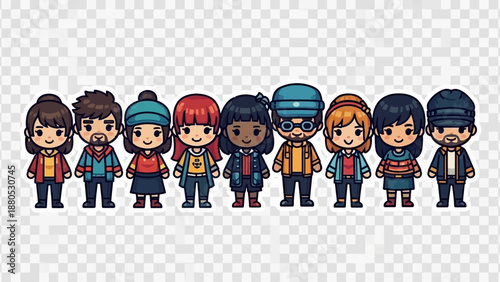 A diverse group of young people and smiling children express different emotions in this vibrant cartoon vector illustration of friends and family enjoying happiness together