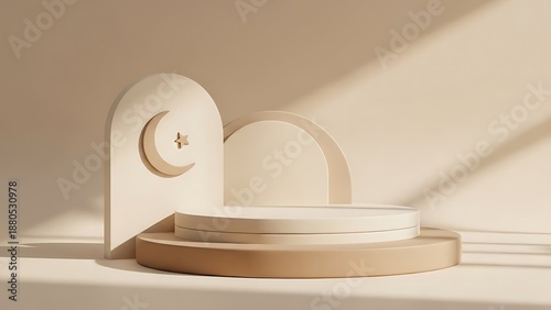 Minimalist Ramadan and Eid Podium Display with Crescent Moon and Star, Natural Light on Beige