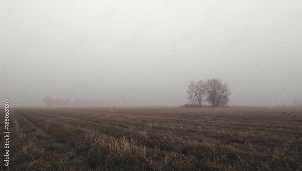 Fototapeta premium Wide field under dense fog with low contrast sky representing solitude nature and rural environment