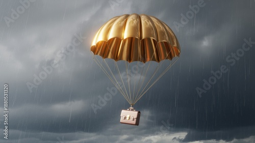 Briefcase descends safely under golden parachute against stormy, rainy sky