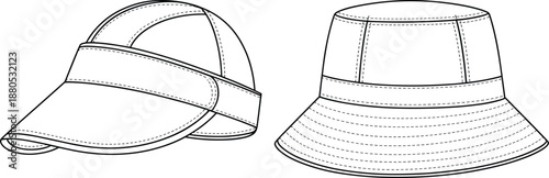 Sun visor cap and bucket hat front view technical line art illustration for headwear fashion apparel design cad vector template