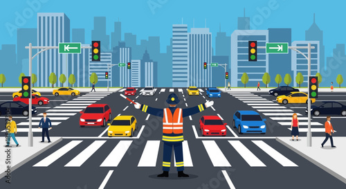 Traffic Controller Directing Vehicles Safely.