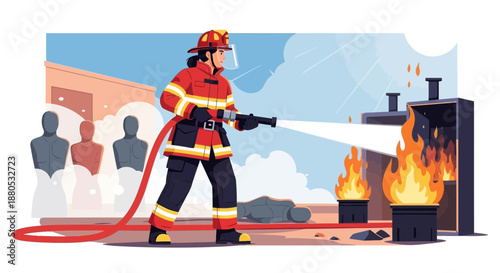 Firefighter spraying water on flames.