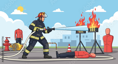 Firefighter training with burning equipment.
