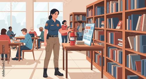 Librarian standing by bookshelf desk.