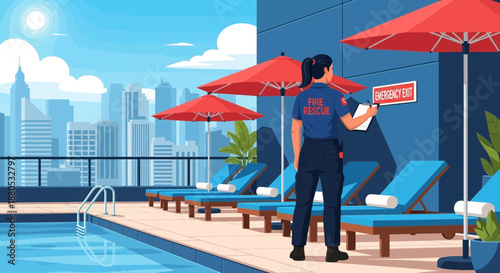 Lifeguard standing by swimming pool.