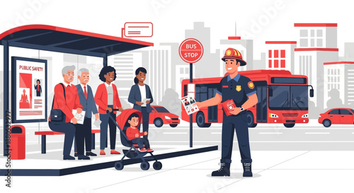 Police officer directing traffic at bus stop.