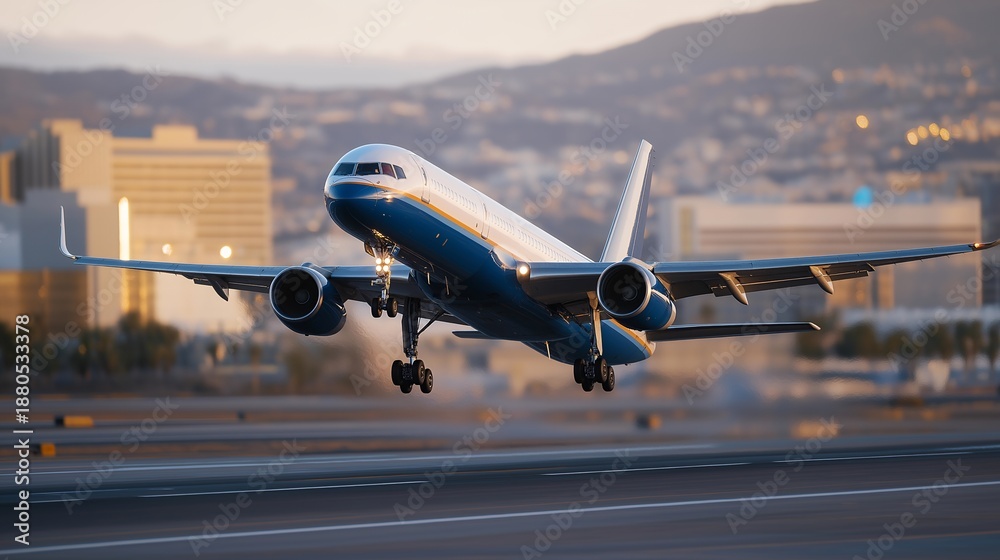 Naklejka premium Modern jet aircraft captured at the moment of takeoff from an international airport, landing gear extended and runway visible, highlighting commercial aviation, flight operations, and long distance
