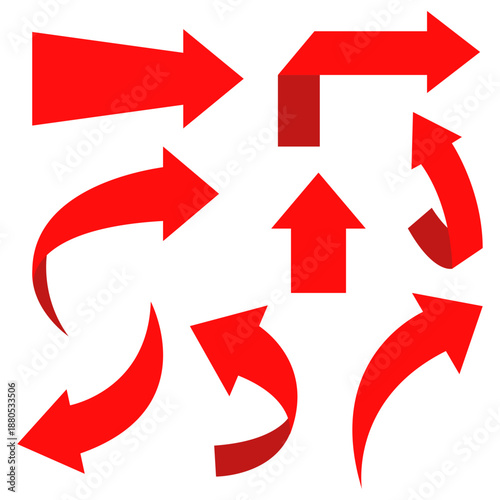 Set of red 3D arrows in various directions and curves