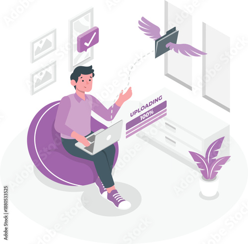 Man sitting on bean bag chair working on laptop with flying documents and checkmarks around him in a modern office environment