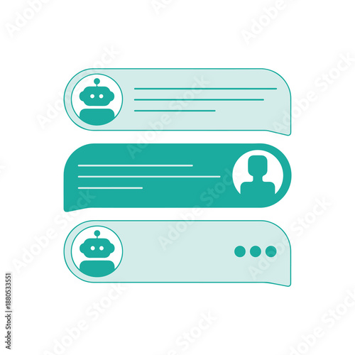 Chat bubbles with robot and human icons in minimalist teal design
