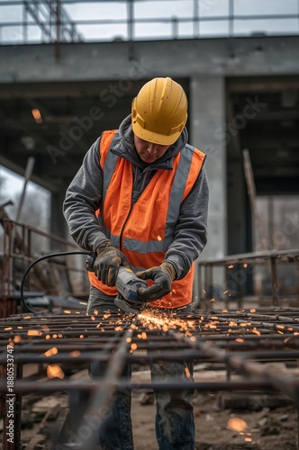 Construction industry scene showing worker handling tools and metal materials at job site