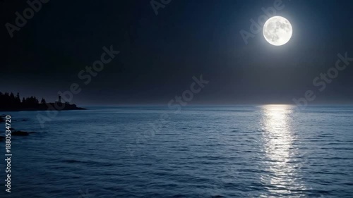 Full Moon over Calm Ocean at Night with Lighthouse Silhouette and Shimmering Reflection