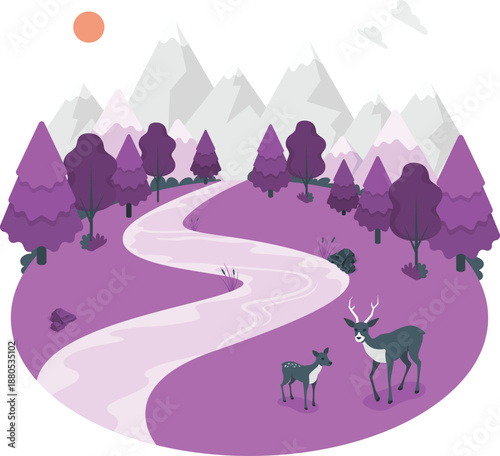 Serene landscape with deer grazing near a winding path surrounded by trees and mountains under a soft sunset