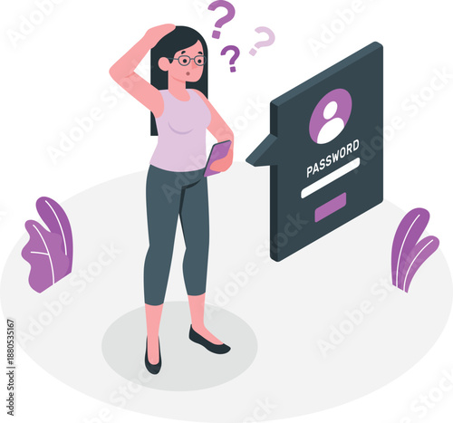 Woman puzzled by password entry on digital screen illustration in modern lifestyle setting from a direct viewpoint