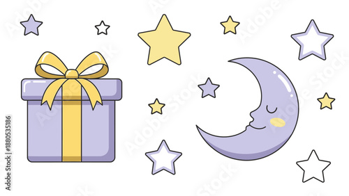 Cute cartoon gift box and crescent moon with stars, soft pastel colors