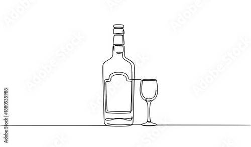 One line liquor bottle and glass vector illustration alcohol concept