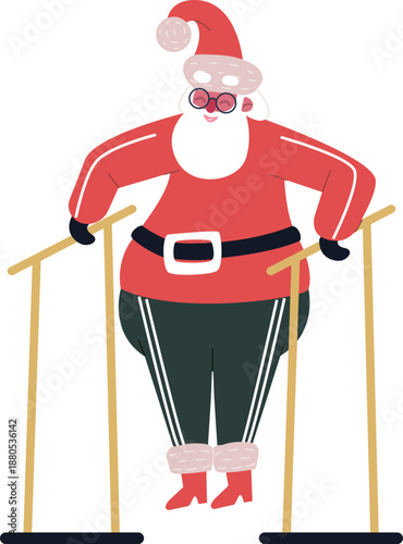 Santa Claus exercising on parallel bars for Christmas fitness