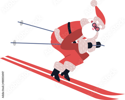 Santa Claus skiing downhill practicing winter sport