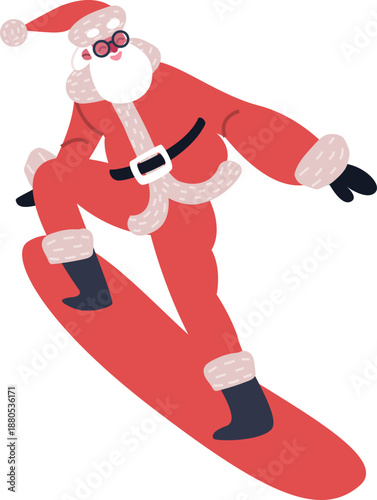 Santa Claus snowboarding having fun on a winter holiday