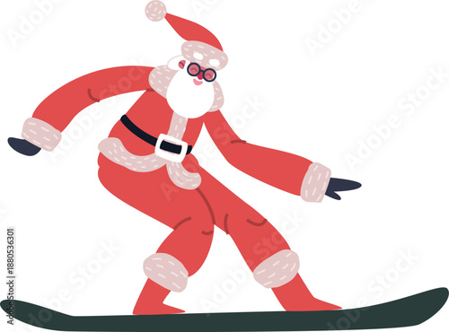 Santa Claus snowboarding, performing a dynamic winter sport