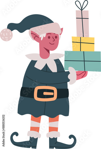 Christmas elf character delivering stack of holiday gifts
