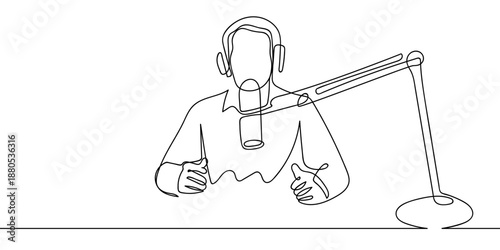 A single, continuous line of art: a man hosts a podcast. minimalist outline vector illustration Editable stroke.