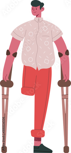 Amputee man finding independence using crutches