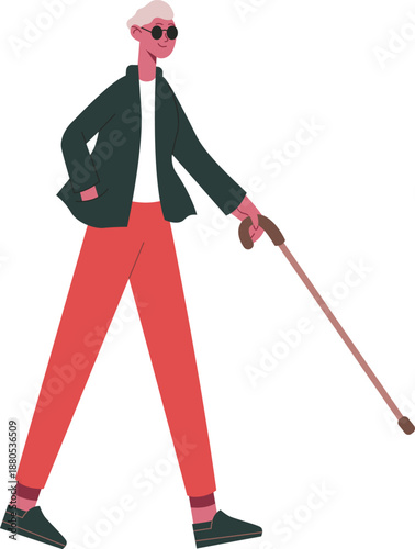 Visually impaired man walking with a white cane