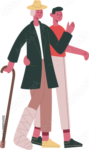 Younger person helping senior walking with leg injury