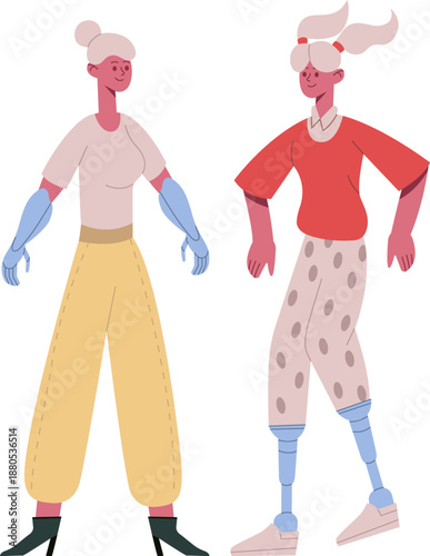 Women showing prosthetic arms and legs