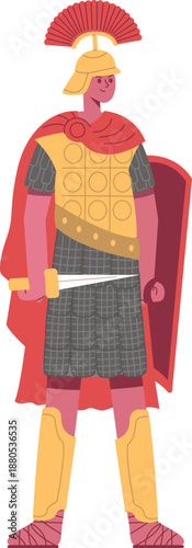 Roman soldier standing wearing armor, helmet, cape and holding sword