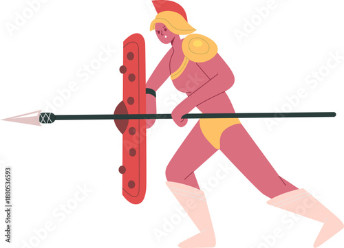 Female gladiator fighting with spear and shield