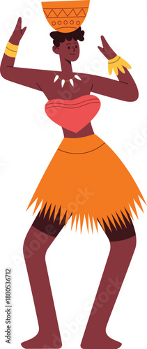 African woman balancing pot on head performing traditional dance