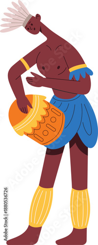 African person playing drum wearing traditional clothing