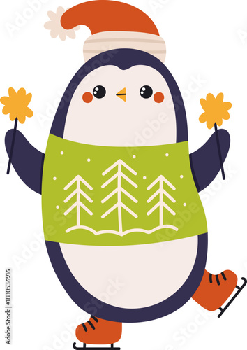 Penguin ice skating celebrating winter holidays with sparklers