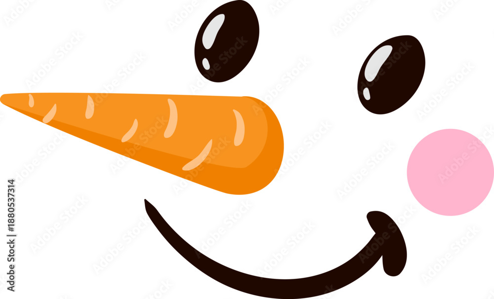 Fototapeta premium Snowman face showing carrot nose black eyes smiling