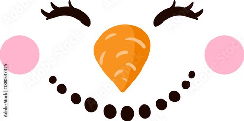 Snowman face with carrot nose and rosy cheeks